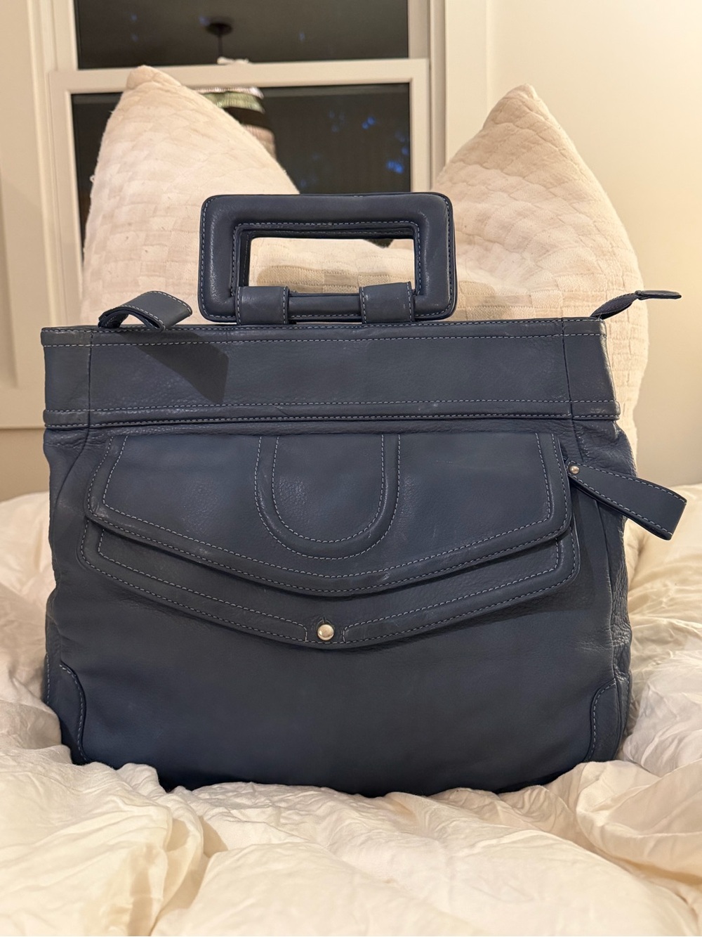 Structured Navy Leather Tote Bag with Top Handle